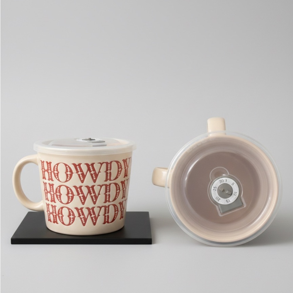 Western “HOWDY” Over Sized Soup Mug With Date-Dial Vented Lid Cream & Terracotta